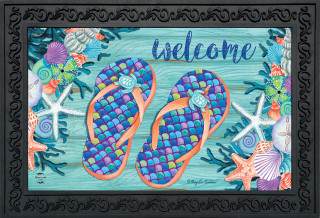 Briarwood Lane Enjoy Life Flip Flops Summer Doormat with colorful flip flops and seashells design.