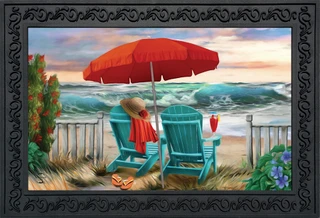Briarwood Lane Beach Life Summer Doormat with colorful beach scene and red umbrella on sand.
