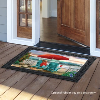 Briarwood Lane Beach Life Summer Doormat with colorful beach scene and surfboard on wooden porch.