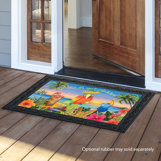 Briarwood Lane Always 5 O'Clock Summer doormat with colorful beach scene and cocktail umbrella design.