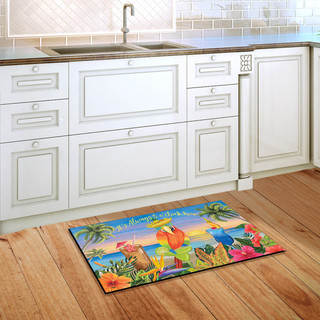 Briarwood Lane Always 5 O'Clock Summer doormat on kitchen floor with colorful cocktail beach design.