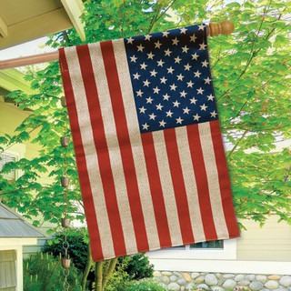 Briarwood Lane tea-stained American Flag House Flag with stars and stripes in red, white, and blue.