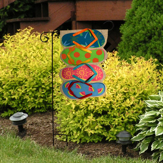 Briarwood Lane summer garden flag with colorful flip-flops, polka dots, sunshine, and watermelon nautical design.