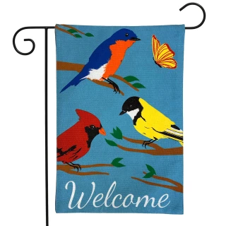 Briarwood Lane double-sided spring garden flag with bluebirds, cardinals, goldfinches on a welcome flag.