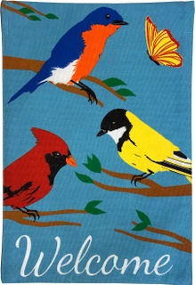 Briarwood Lane double-sided spring welcome flag with bluebirds, cardinals, goldfinches on a colorful garden flag.
