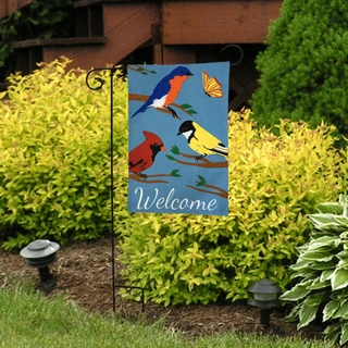 Briarwood Lane double-sided spring garden flag with bluebirds, cardinals, goldfinches on burlap, seasonal welcome flags.