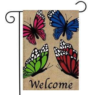 Briarwood Lane burlap garden flag with colorful butterflies and Welcome text on tan background.