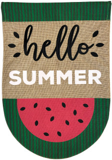 Briarwood Lane double-sided burlap garden flag with watermelon and "hello summer" text, seasonal summer fruit design.
