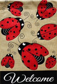 Briarwood Lane Ladybug Gathering Burlap Garden Flag with red ladybugs and welcome text on burlap background.