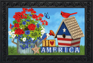 Briarwood Lane I Love America Patriotic Doormat with floral, birdhouse, and American flag design.