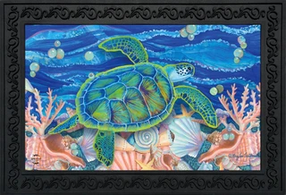 Briarwood Lane colorful sea turtle swimming underwater with coral and seaweed on Summer Doormat.