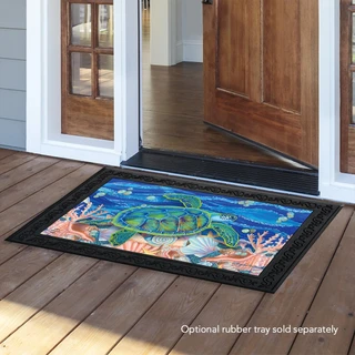 Briarwood Lane Swimming Sea Turtle Summer Doormat with colorful sea turtle design on wooden porch.