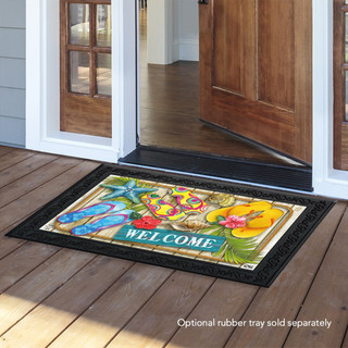 Briarwood Lane Flip Flops Beach Summer Doormat with colorful floral welcome design on wooden porch.