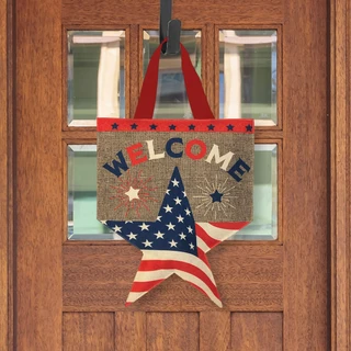Briarwood Lane American Star Burlap Door Hanger with red, white, and blue stars and stripes.