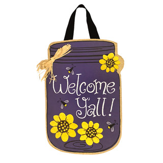Briarwood Lane Welcome Y'all burlap door hanger with sunflowers, bees, and twine, perfect for spring.