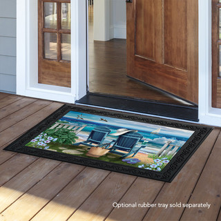 Briarwood Lane Seaside Escape Summer Doormat with beach scene and adirondack chairs on wooden floor.