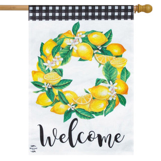 Briarwood Lane summer welcome flag with lemons and citrus fruits on burlap house flag.