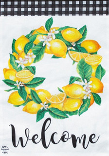 Briarwood Lane summer wreath with lemons and citrus fruits on a garden flag welcomes everyday.