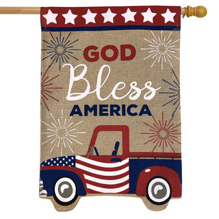Briarwood Lane double-sided house flag with red, white, and blue pickup truck and USA theme.