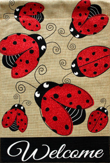 Briarwood Lane ladybug gathering burlap house flag with glitter ladybugs and spring welcome design.