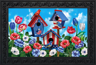 Briarwood Lane American Birdhouses Summer Doormat with patriotic birds and flowers, red white and blue.