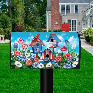Briarwood Lane American Birdhouses Summer Magnetic Mailbox Cover, red white blue birdhouses and flowers.