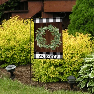 Briarwood Lane black and white checkered welcome garden flag with green wreath and everyday fall design.