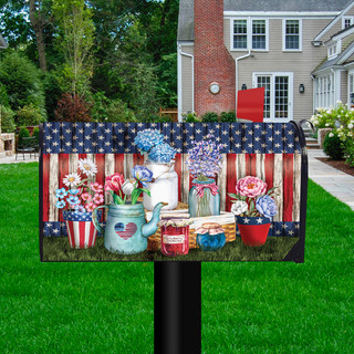 Briarwood Lane rustic magnetic mailbox cover with patriotic floral design for 4th of July celebrations.