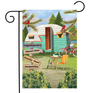Briarwood Lane Woodsy Camper Garden Flag with cardinal, perfect for summer camping and family time.