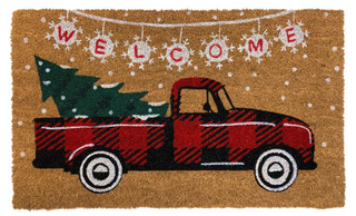 Briarwood Lane Red Checkered Truck Christmas Natural Fiber Coir Doormat 18 x 30 with tree.