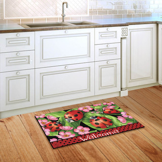 Briarwood Lane Ladybugs on Leaves Spring Doormat, colorful decorative mat with ladybugs and pink flowers.