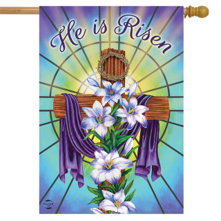 Briarwood Lane Easter Cross Holiday House Flag with purple cloth and lilies on stained glass background.