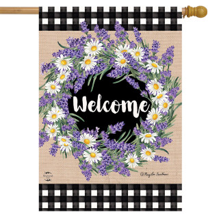 Briarwood Lane spring house flag with colorful daisies and lavender, cheery welcome message on tan background.