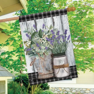 Briarwood Lane Farmhouse Flowers Spring House Flag with colorful, cheery springtime design on porch.