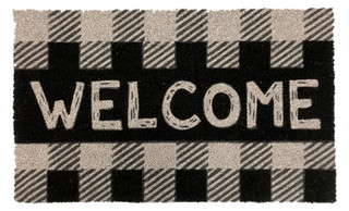 Briarwood Lane natural fiber coir doormat, 18x30, checkered welcome mat in neutral beige and black tones.