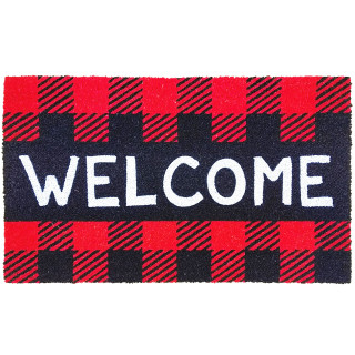 Red checkered welcome doormat with white text on black background, natural fiber coir, 18 x 30 inches.