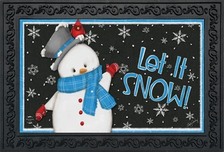 Briarwood Lane Jolly Winter Snowman Doormat with snowy scene, top hat, scarf, and cardinal, let it snow!