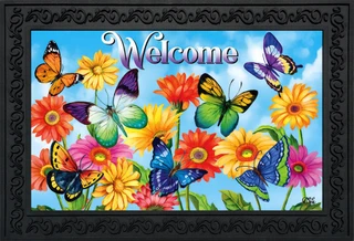 Briarwood Lane Fluttering Butterflies Spring Doormat, colorful printed decorative mat with springtime flowers and butterflies.