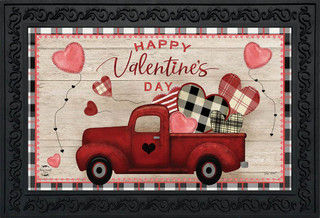 Briarwood Lane Valentine's Love Pickup Primitive Doormat with red pickup truck and patterned hearts design.