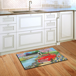 Briarwood Lane Spring Covered Bridge colorful doormat on kitchen floor with vibrant springtime design.