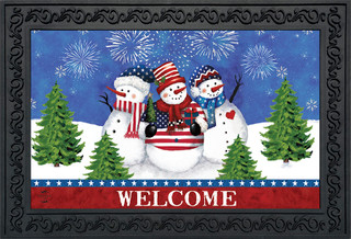 Briarwood Lane American Snowmen Winter Doormat with patriotic snowman trio and welcome text on indoor/outdoor floormat.