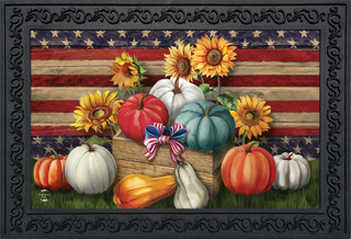 Briarwood Lane Patriotic Pumpkins doormat with American flag, sunflowers, and pumpkins in red, white, and blue.