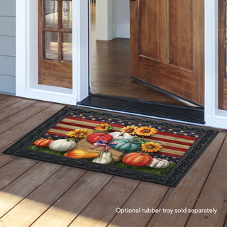 Briarwood Lane Patriotic Pumpkins doormat with American flag, stars, and red, white, blue colors.
