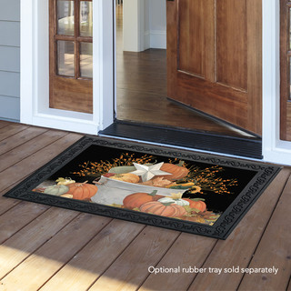 Briarwood Lane Fall Bushel Primitive Doormat with pumpkins, gourds, and barnstar on a rustic background.