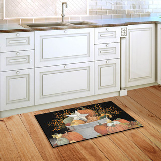 Briarwood Lane Fall Bushel Primitive Doormat with pumpkins, gourds, and floral accents on black background.