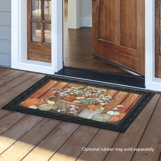 Briarwood Lane Pumpkins and Willows Autumn Doormat with gourds on wood background indoor outdoor floormat.