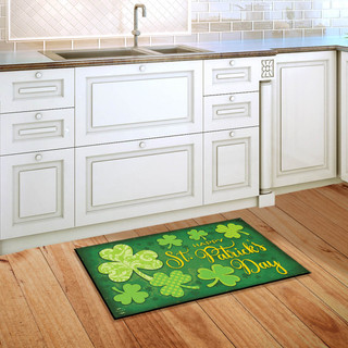 Briarwood Lane Lucky Shamrocks doormat with gold text and four leaf clover on green background.
