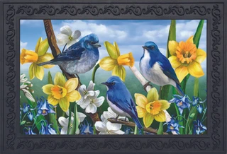 Briarwood Lane Bluebirds And Daffodils Spring indoor/outdoor door mat with blue birds and floral design.