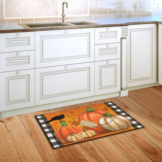 Briarwood Lane rustic fall doormat with pumpkins and crows on a colorful printed decorative kitchen floormat.