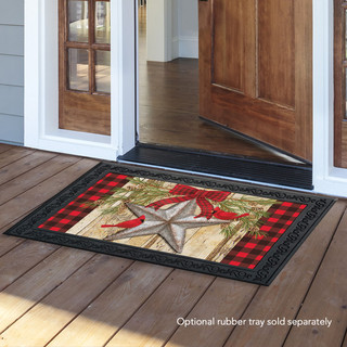 Briarwood Lane Festive Barnstar Winter Doormat with greenery, pine cones, and cardinals on rustic background.
